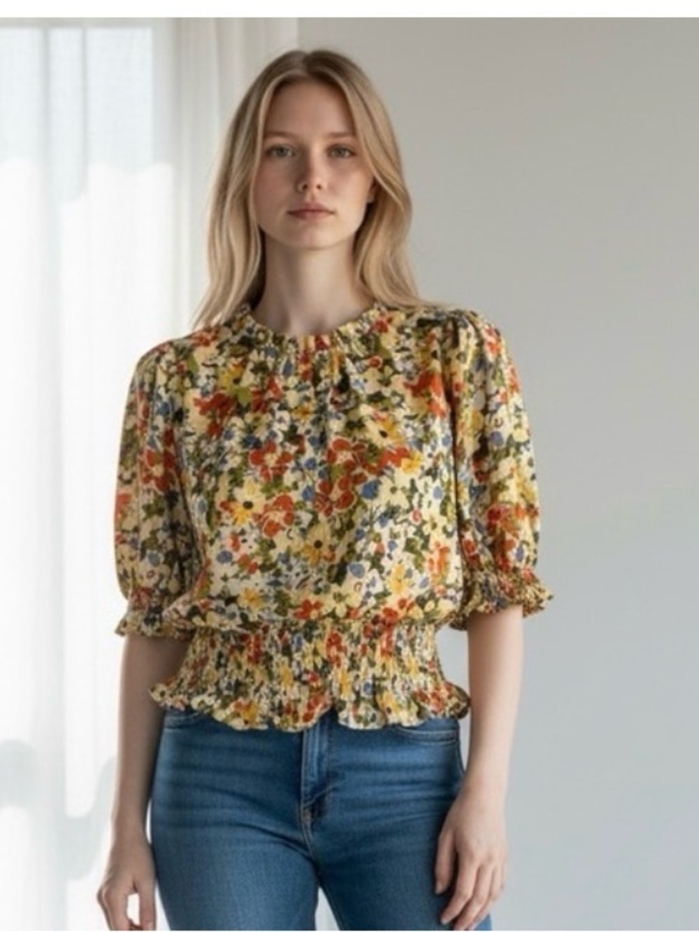 Sienna Sky Olive Multi Floral Smocked Peplum Top